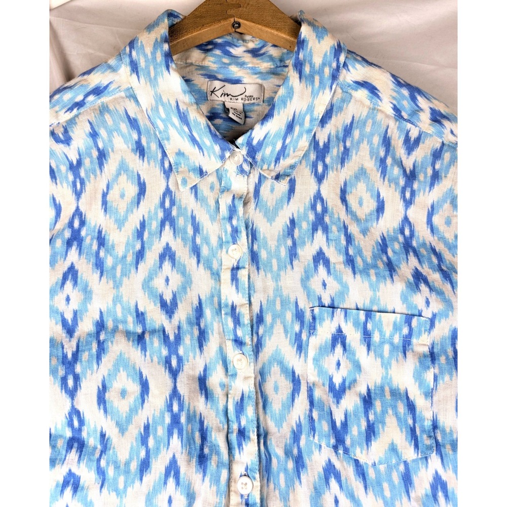 Kim Rogers Petite Blue Ikat Diamond 100% Linen Button Up Shirt PXL